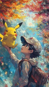 Autumn forest anime boy with electric creature companion looking up