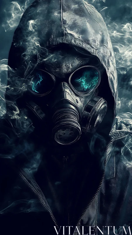 Hooded gas mask figure stands in swirling cyan-tinted vapor