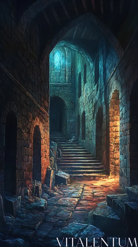 Mystic stone corridor with stairway and glowing light shafts.