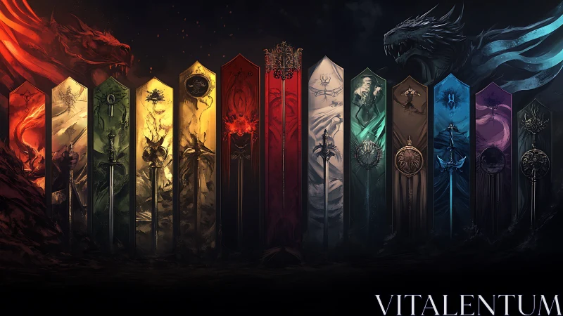 Elemental dragon sigils guard a radiant wall of fantasy blades.