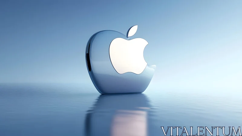 Glossy Apple Logo on Reflective Water Surface in Minimalist Style.