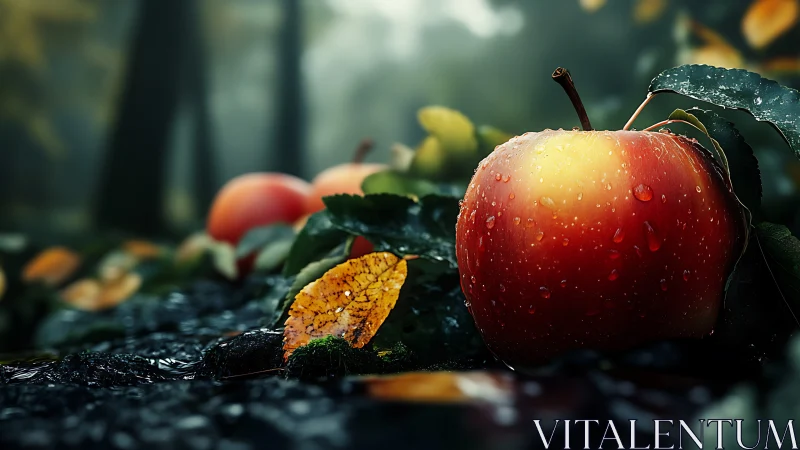 Red apple on wet forest ground with autumn foliage.