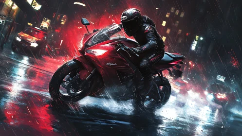 Motorcyclist leans into sharp turn on wet neon city street