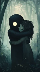 Luminous Embrace in the Misty Woodland Dark.