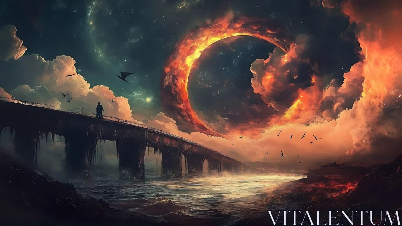 Bridge silhouette under fiery celestial ring and clouds.