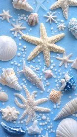 Sunny starfish and seashell treasures on soft blue sand.