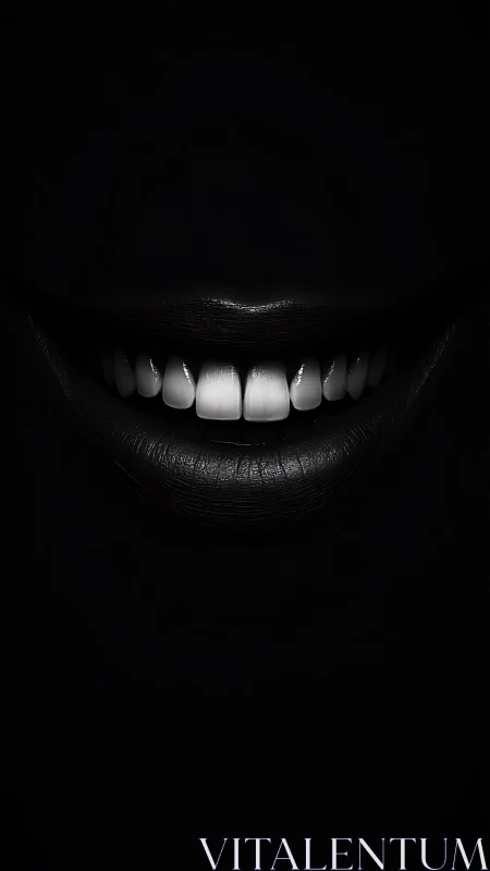 High-contrast close-up of illuminated teeth and lips in deep black