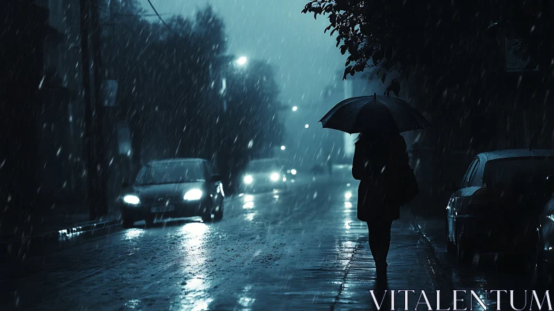 Pedestrian with umbrella on wet urban street at night.