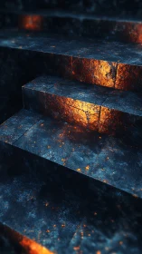 Embers sneak along obsidian steps in a quiet digital forge