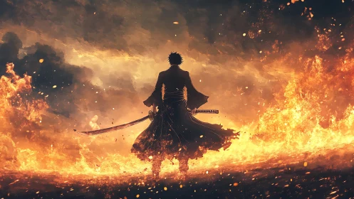 Silhouetted swordsman standing amid surrounding firestorm.