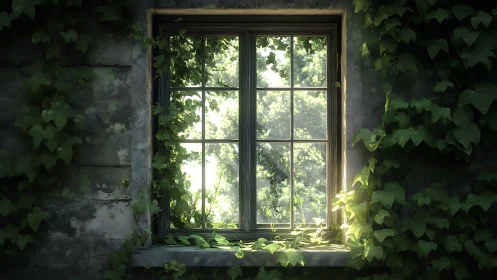 Sunlit ivy envelops an aging mullioned window in soft bloom