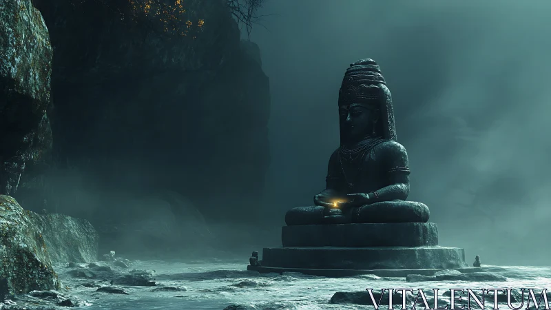 Colossal stone Buddha statue guards misty cavern shrine softly