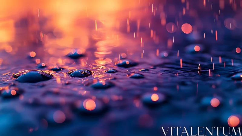 Macro capture of raindrops on wet surface with bokeh light.