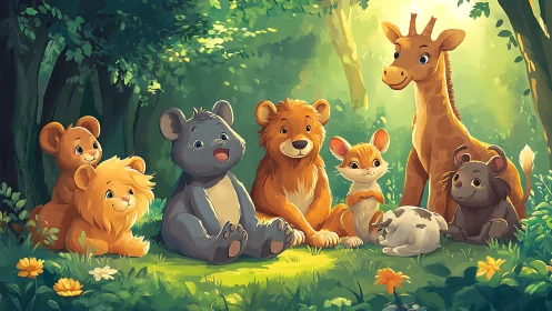 Sunlit forest picnic gathers cuddly baby animal best friends