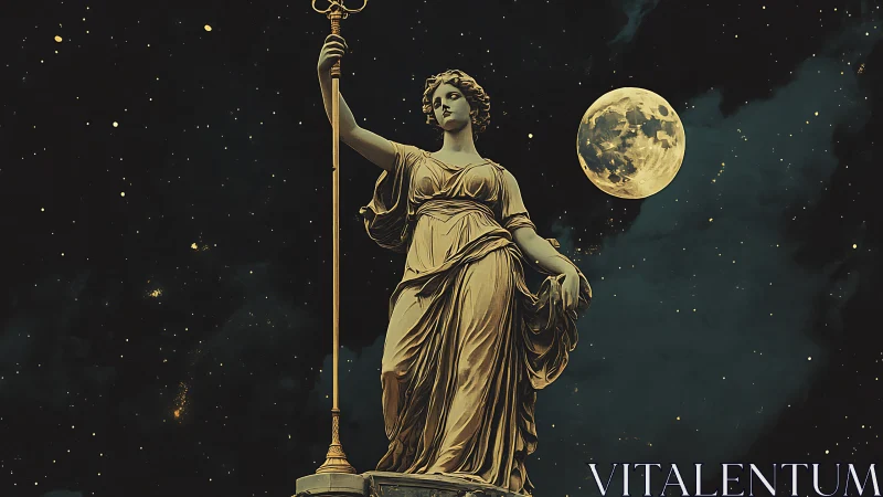 Classical robed statue stands before full moon in space
