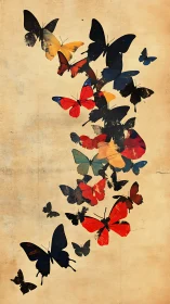 Vertical digital painting of grunge butterflies in flight cascade.