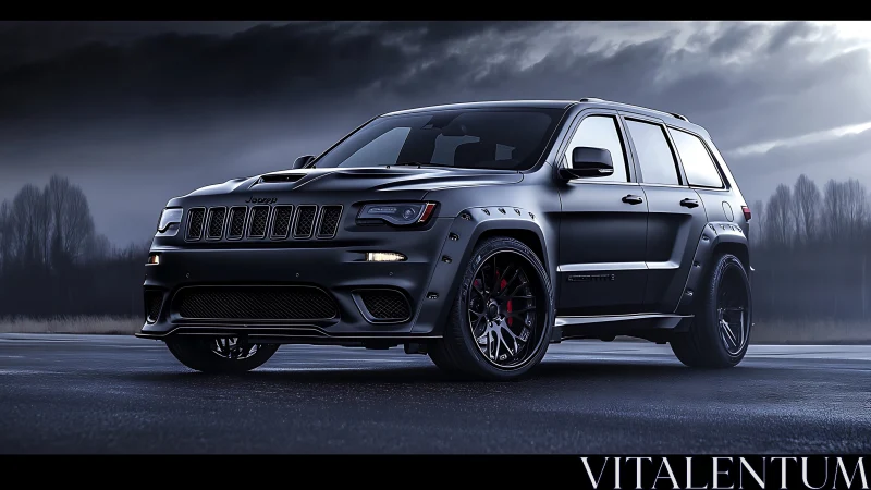 Midnight-tuned Jeep prowls a stormlit highway like stealth thunder