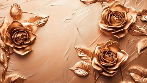 Metallic Golden Roses in Elegant 3D Botanical Relief