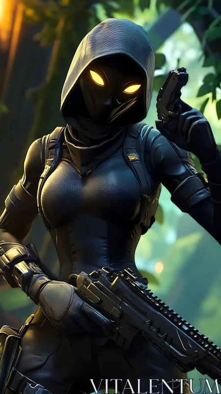 Luminous eyed jungle assassin in obsidian tactical armor.