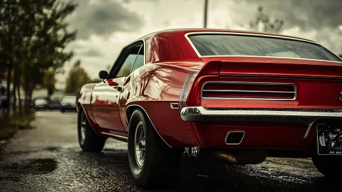 Red vintage muscle car on wet street after rainfall.