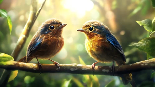 Two Colorful Birds Perched on Branch in Sunlit Forest, Realistic Art.