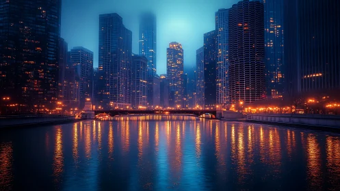 Neon riverdream beneath misty skyscraper sentinels at dusk.