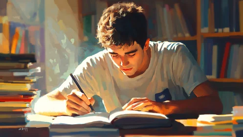 Focused student at desk in warm painterly library light.