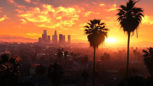 Sunlit palm skyline embracing vibrant urban sunset glow.