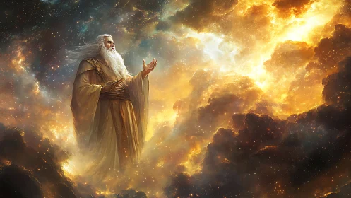 Ethereal elder figure emerges from luminous nebular cloudscape