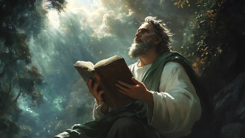 Forest scholar lifts a radiant tome into cascading light