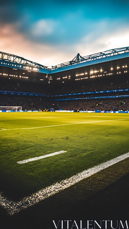 Sunset glow over a vibrant football stadium pitch.