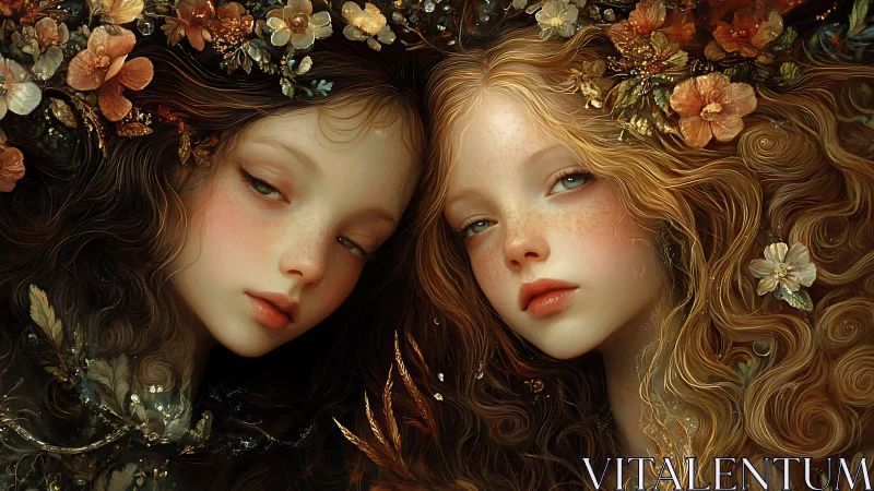 Two stylized female portraits framed by dense floral elements