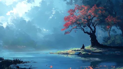 Solitary dreamer listens to a crimson tree beside still water