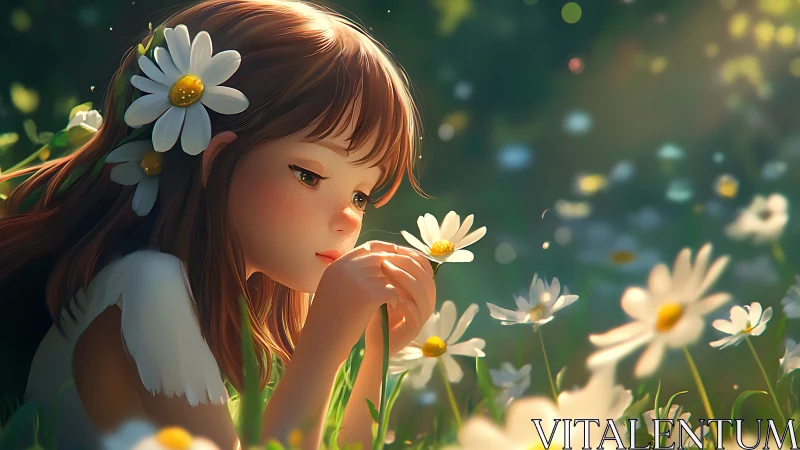 Young girl in sunlit daisy field rendered in soft digital light