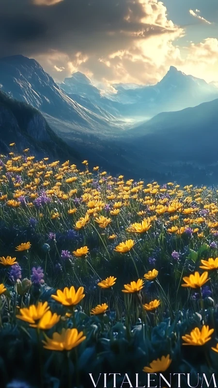 Sunlit wildflower choir beneath storm-kissed alpine peaks.