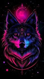 Neon cosmic wolf totem under radiant magenta halo.