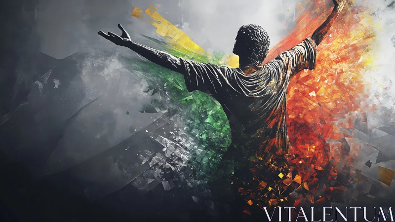 Shattered colors leap as a triumphant silhouette claims the sky