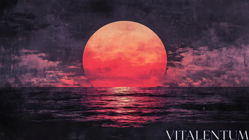 Huge red sun sets over dark textured ocean horizon
