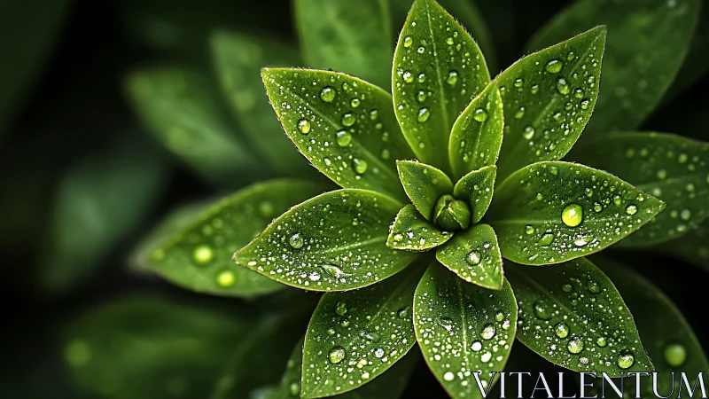 Top view shows symmetrical green plant with water droplets
