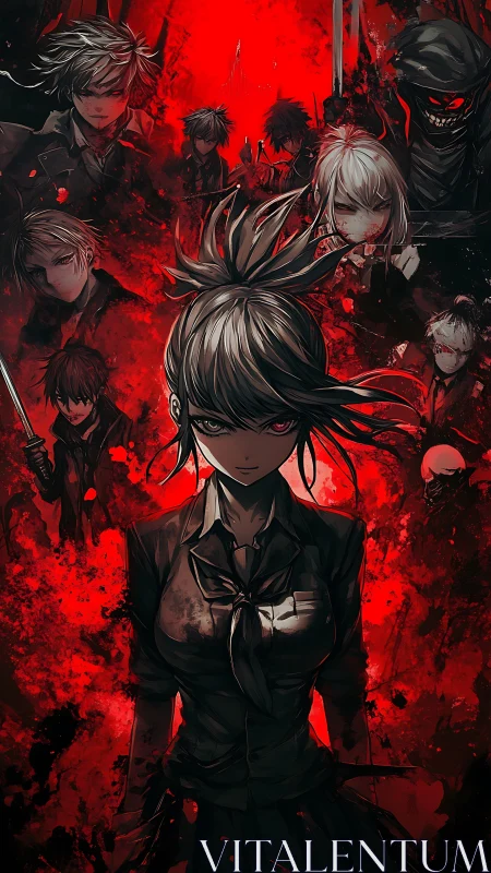 Central anime combatant framed by blood‑red high contrast aura