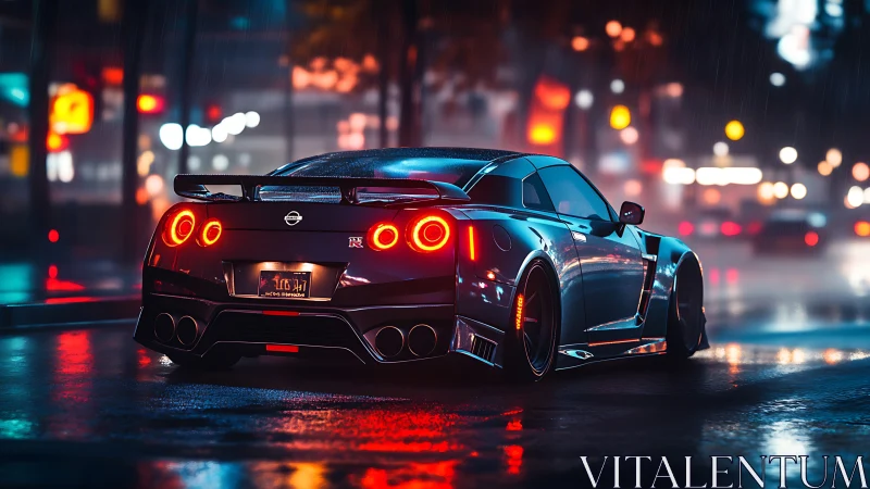 Modified Nissan GT-R under neon city rain at night.