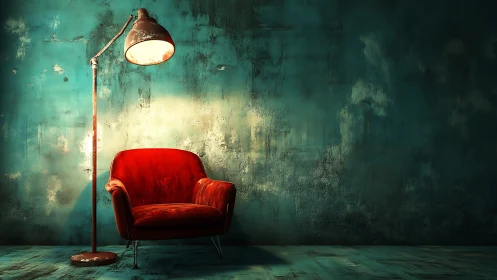 Red velvet armchair and floor lamp in moody teal room.