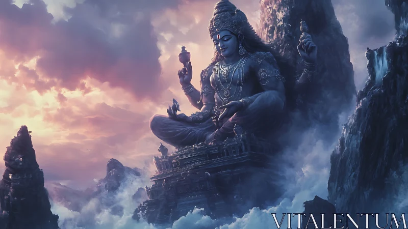 Divine mountain deity meditates above misty sky temple.