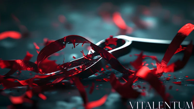 Scissors Cutting Red Ribbon in Dramatic Close-Up Photorealistic Style.