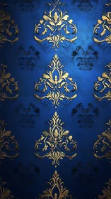 Ornate gold damask pattern over deep royal blue background.