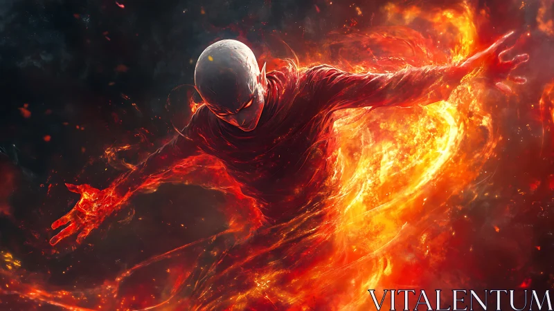 Humanoid figure enveloped in swirling digital fire field.