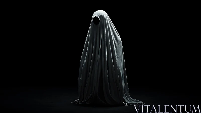 Monochrome draped apparition under controlled rim lighting.