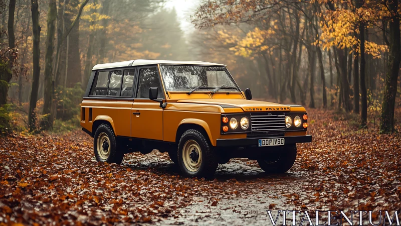 Autumn trail guardian car glowing through copper forest hush.