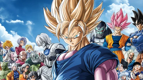 Powerful anime warriors stand united under bright blue skies