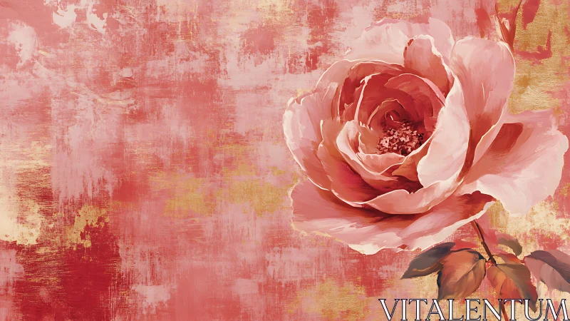 Single painted rose on textured red and gold background